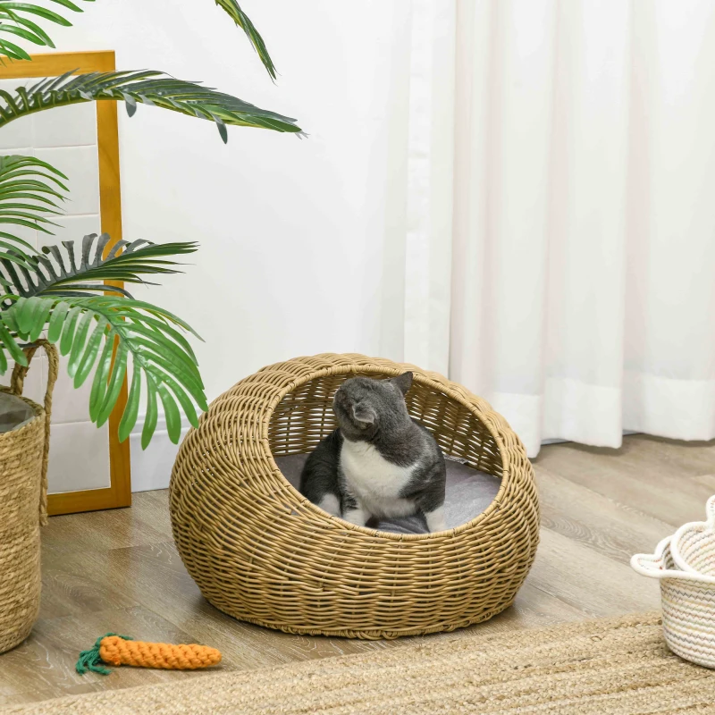 PawHut Katzenhöhle mit waschbarem Kissen, für Tiere bis 4 kg, Indoor, Kunst-Rattan, Ø50 x 31 cm, Hellbraun