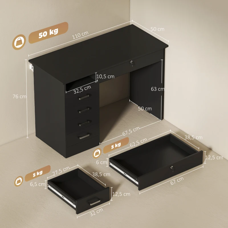HOMCOM Bureau moderne avec 5 tiroirs, grand plateau, 1 compartiment ouvert, tiroir verrouillable, 110 x 50 x 76cm, noir