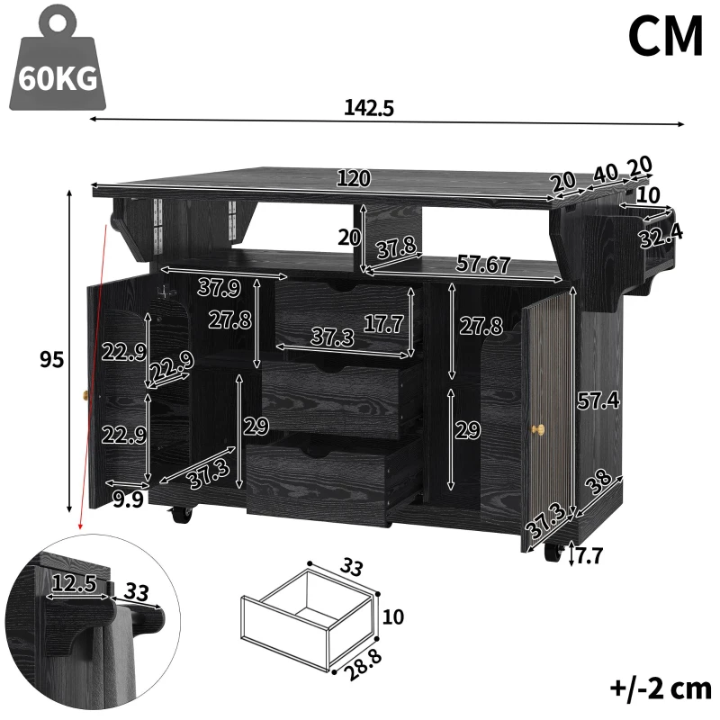 Foldable Serving Trolley with Ample Hidden Storage, Mobile Kitchen Island for Balconies or Dining Room, 142.5L x 40W x 95H cm, Black
