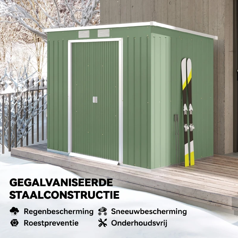 Outsunny Tuinschuur met Ventilatieraampjes, Schuifdeuren, van Gegalvaniseerd Staal, 213 x 130 x 159 cm, Groen