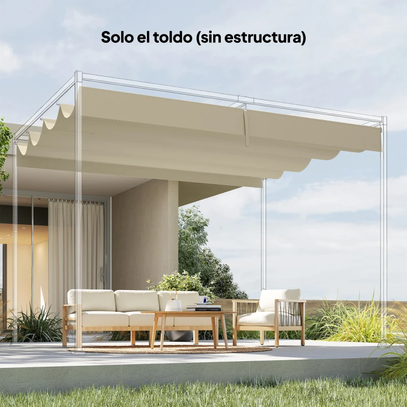 Outsunny Techo de Repuesto Retráctil 4x3,5 m para Marco de 4x3 m Toldo de Tela Solo para Cenador Jardín con 8 Orificios Crema