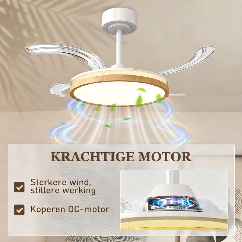 HOMCOM Plafondventilator met licht en afstandsbediening, 95 cm moderne LED-plafondventilator met intrekbare bladen, naturel