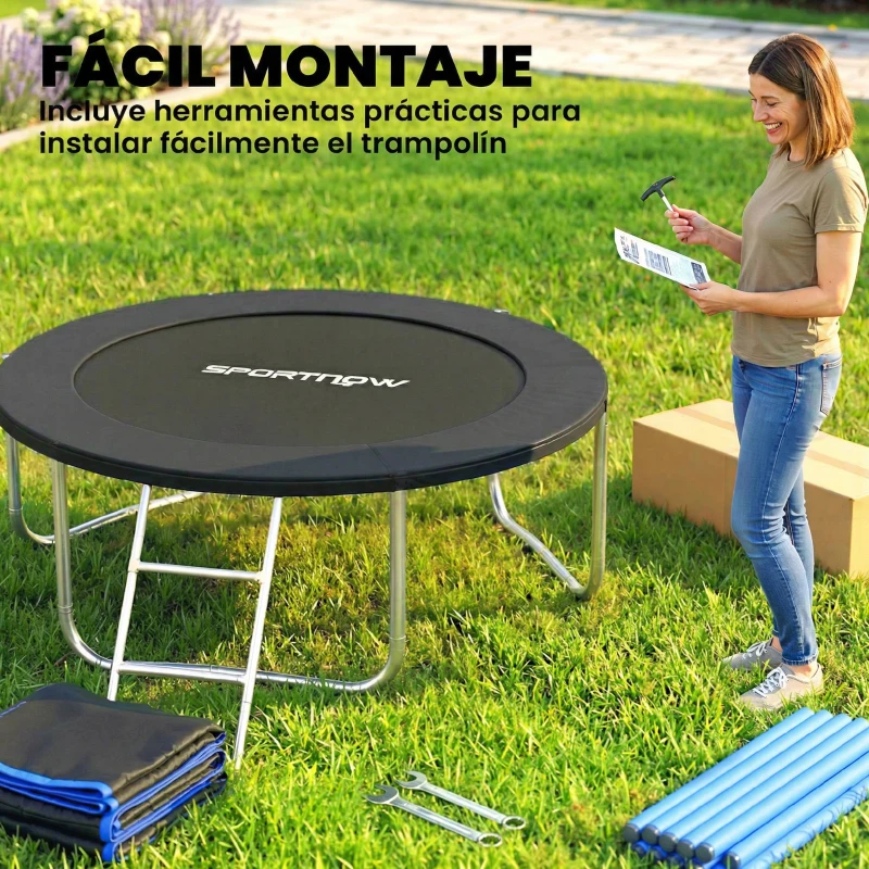 SPORTNOW Cama Elástica Exterior Ø183 cm Trampolín para Niños +6 Años Adultos con Red de Seguridad Escalera de 2 Peldaños Negro