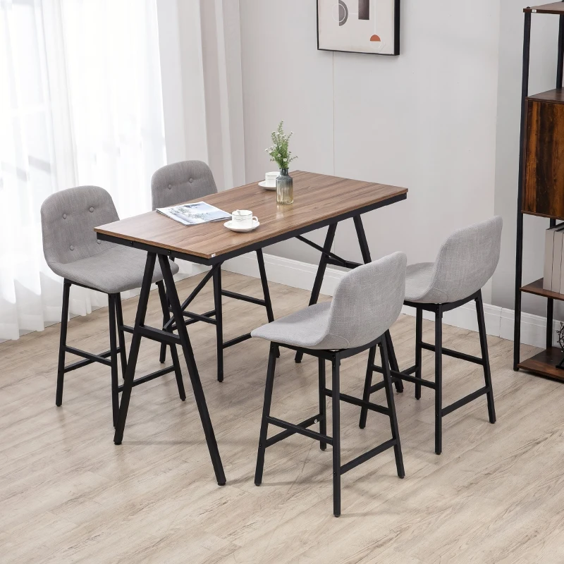 HOMCOM 5-delige Bargarnituur, Tafel en 4 Stoelen, Knoopafwerking, Dikke Bekleding, Linnenlook, Grijs(m-9)