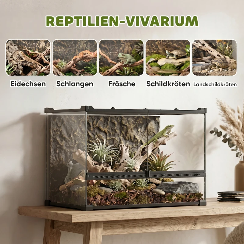 PawHut Terrarium voor reptielen Glazen terrarium 48L met voorventilatie stenen achterwand draaivergrendeling 50 x 30 x 35 cm Zwart