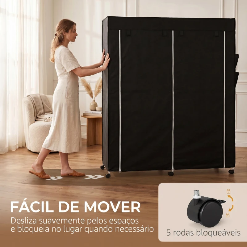 HOMCOM Armário de Tecido Portátil com Rodas, 10 Compartimentos, Espaço para Pendurar Roupa e Estrutura em Aço, Preto