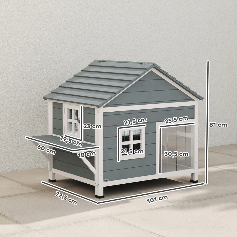 PawHut Katzenhaus aus Holz 2-Etagen Katzenhöhle mit wasserdicht aufklappbar Dach, seitlicher Plattform, 101x72,5x81cm, Grau