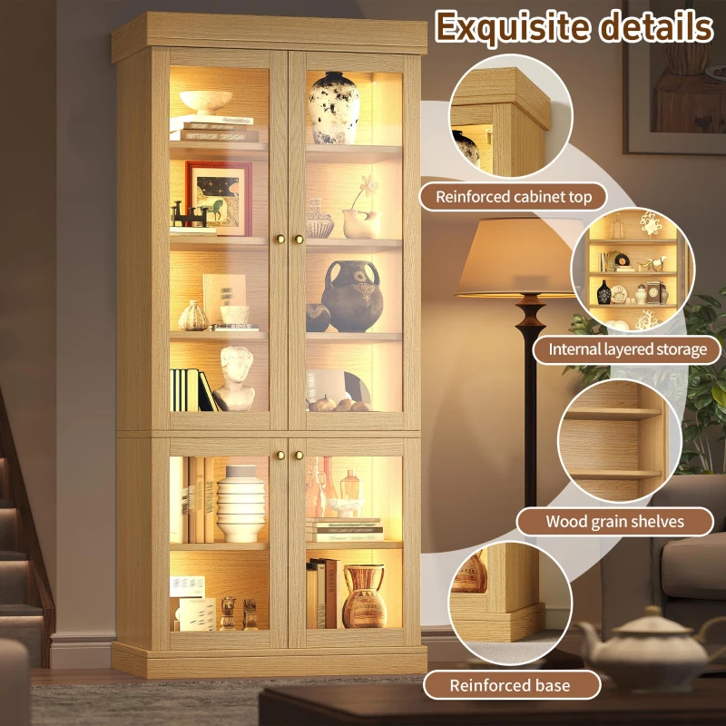 Modern Freestanding Display Cabinet with Height-Adjustable Shelves, LED Lighted Tall Showcase for Industrial Interiors, 80L x 40W x 180H cm, Natural