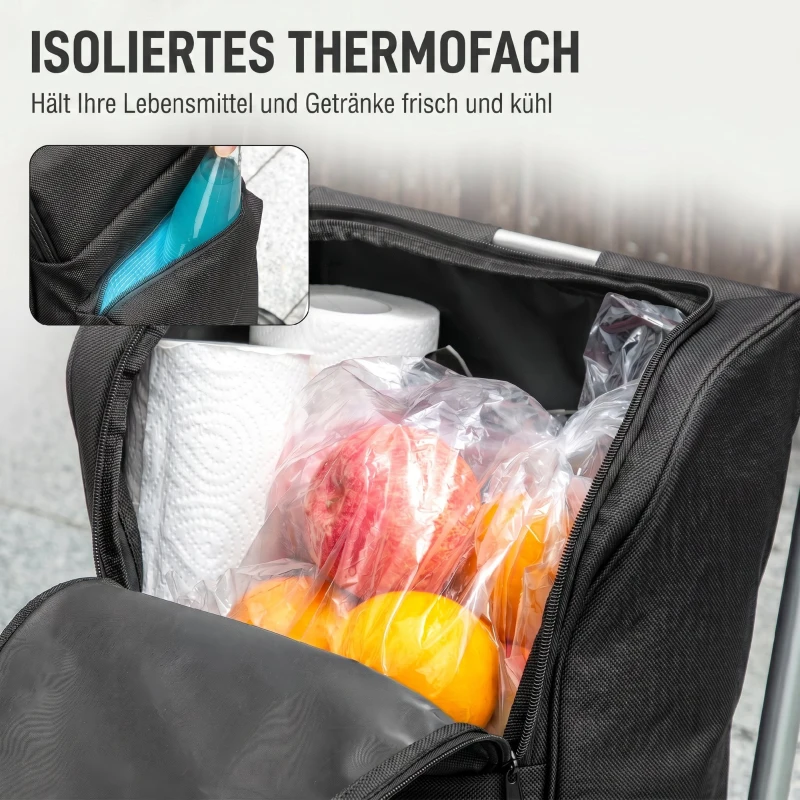 HOMCOM Einkaufstrolley, 46 Liter Tasche, Faltbarer Einkaufswagen mit Kühltasche, verstellbarer Griff, Aluminiumrahmen, Schwarz