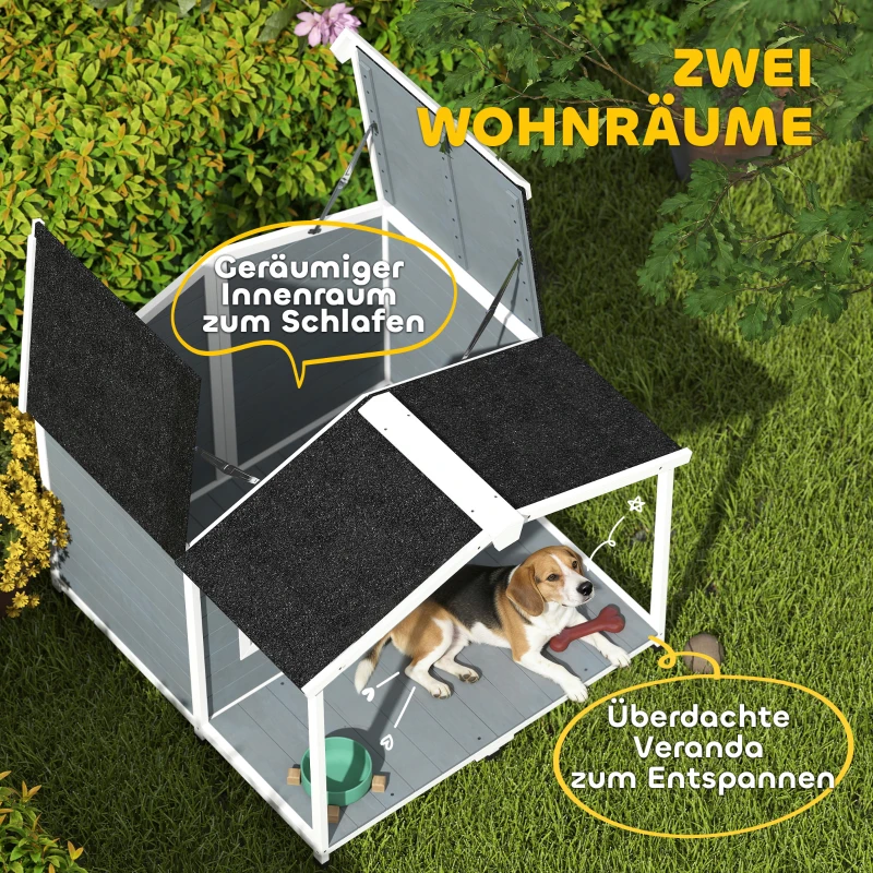 PawHut Hundehütte wetterfestes Erhöhtes Hundehaus aus Holz mit Asphaltdach, Terrasse, für mittelgroße Hunde 103x107x83,5cm Grau