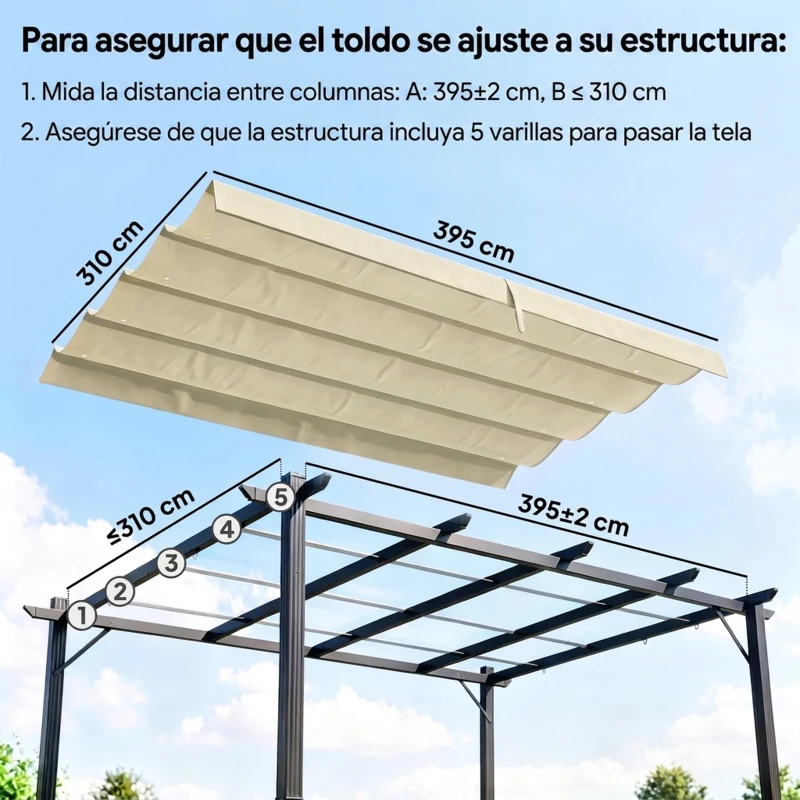 Outsunny Techo de Repuesto Retráctil 4x3,5 m para Marco de 4x3 m Toldo de Tela Solo para Cenador Jardín con 8 Orificios Crema