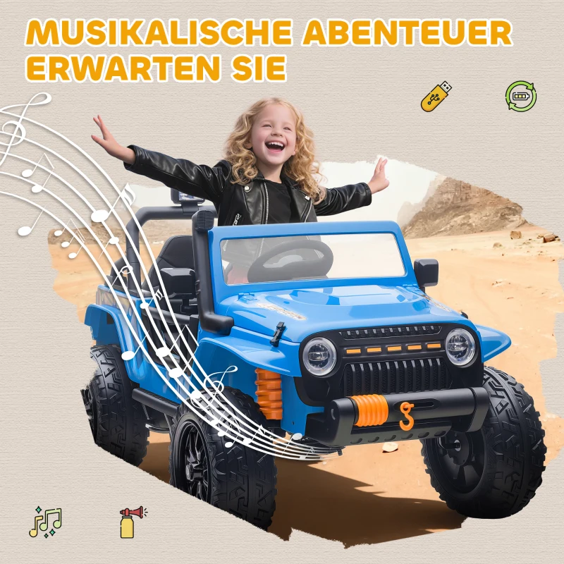 AIYAPLAY Elektrofahrzeug für Kinder, 12V Batterie, mit Eltern-Kind-Sitz, fernsteuerbar, Musik, Hupe, LED-Lichter, 3-8 Jahre, Blau