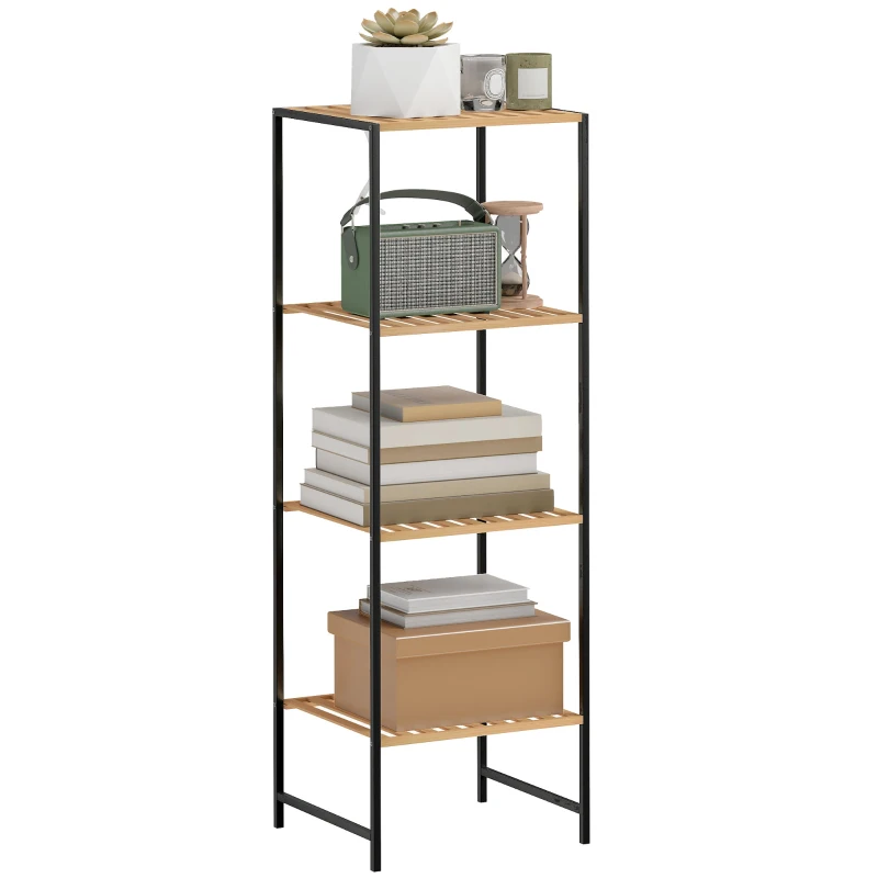HOMCOM Standregal Badregal aus Bambus und Stahl, mit 4 Ablagen, 4-stöckiges Bücherregal, 36,5 x 33 x 110 cm, Natur