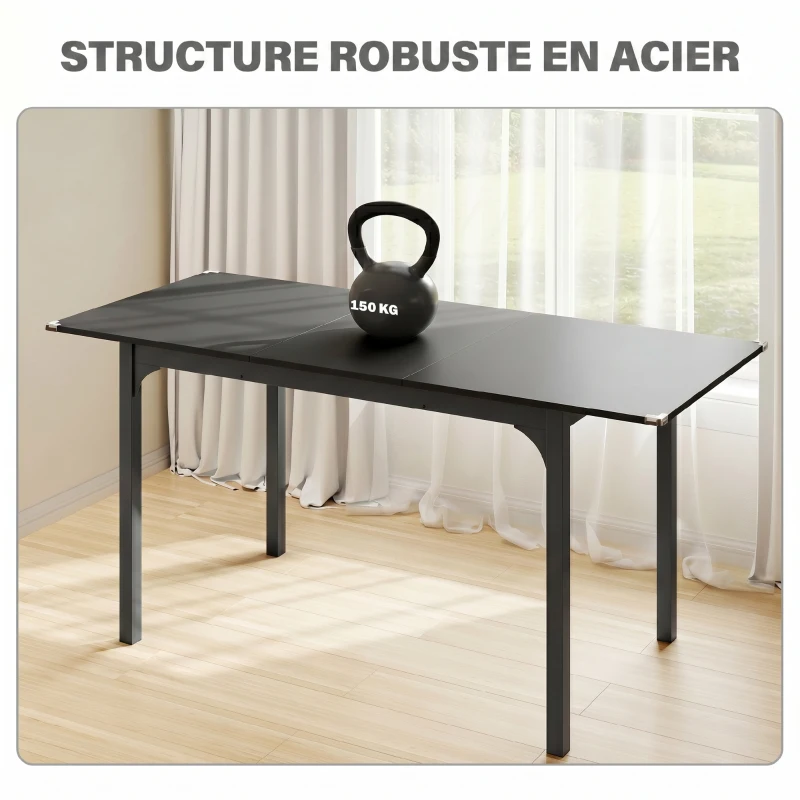 HOMCOM Table à manger extensible de 4 à 6 personnes, pieds en acier, pour petits espaces, salle à manger, noir