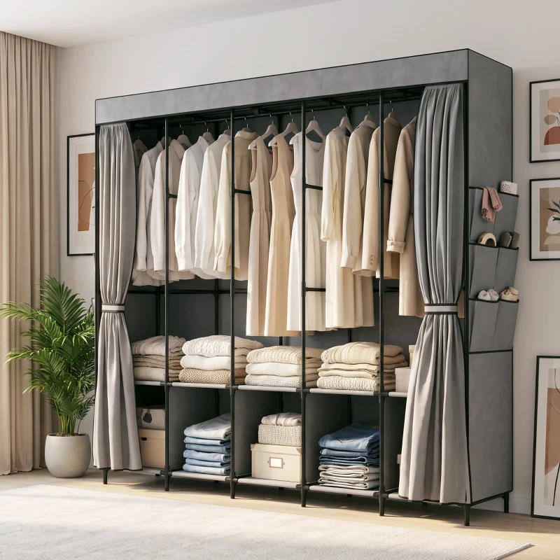 HOMCOM Armario de Tela con 5 Barras 5 Estantes 6 Bolsillos Laterales Cremallera Marco de Acero 212x45x167 cm Gris