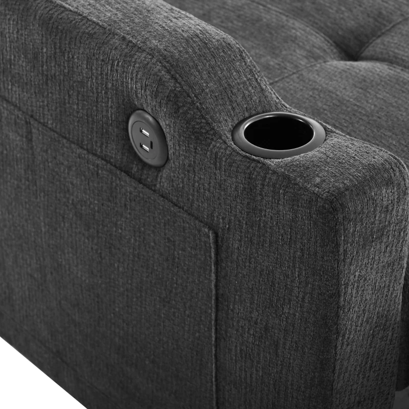 Convertible Sofa Bed with Adjustable Backrest, Functional Sleeper with USB & Type-C Charging and Cup Holders, 135L x173W x 58H cm, Dark Grey