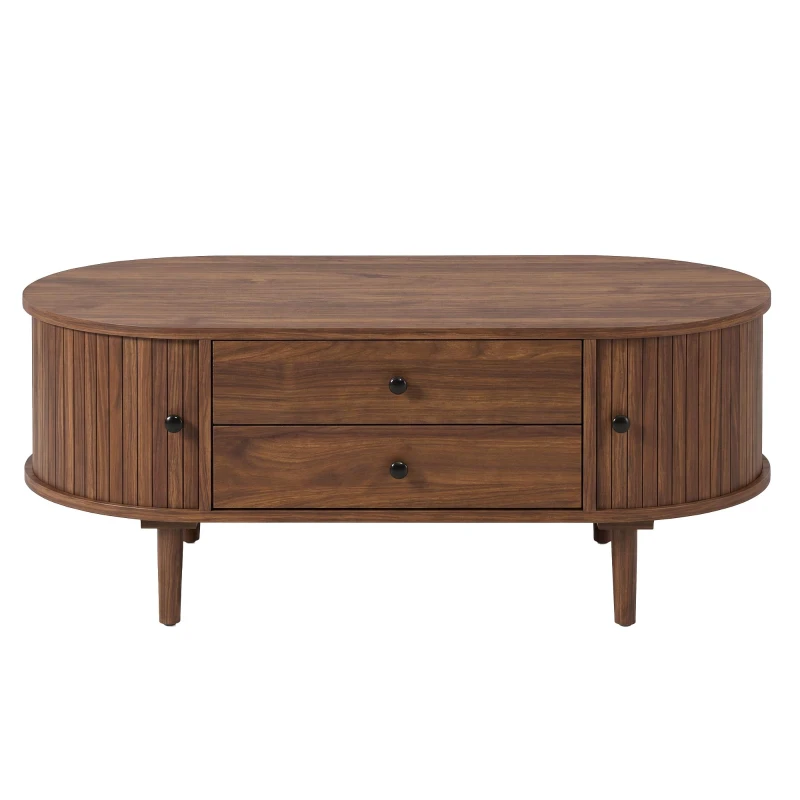 Spacious Room Table with Sliding Doors and 2 Drawers, Retro Oval Coffee Table with Vertical Slats and Clean Lines, 100L x 50W x 40H cm, Walnut