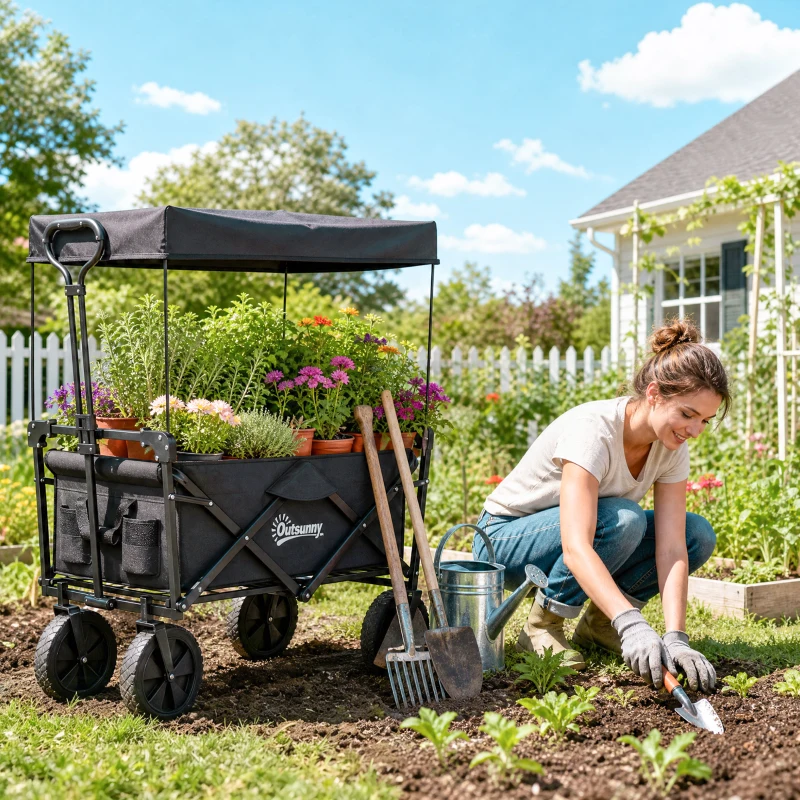 Outsunny Bollerwagen mit Dach, klappbar, 110L Kapazität, Stahlrahmen, 97x52x105 cm, Schwarz