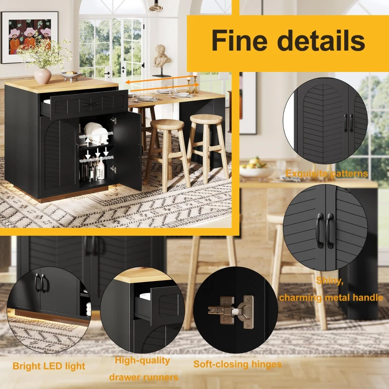 Extendable Kitchen Island with Dining Table, Multifunctional Storage Cabinet with Wine Rack and LED Base Light, 141L x 70W x 101.5H cm, Black