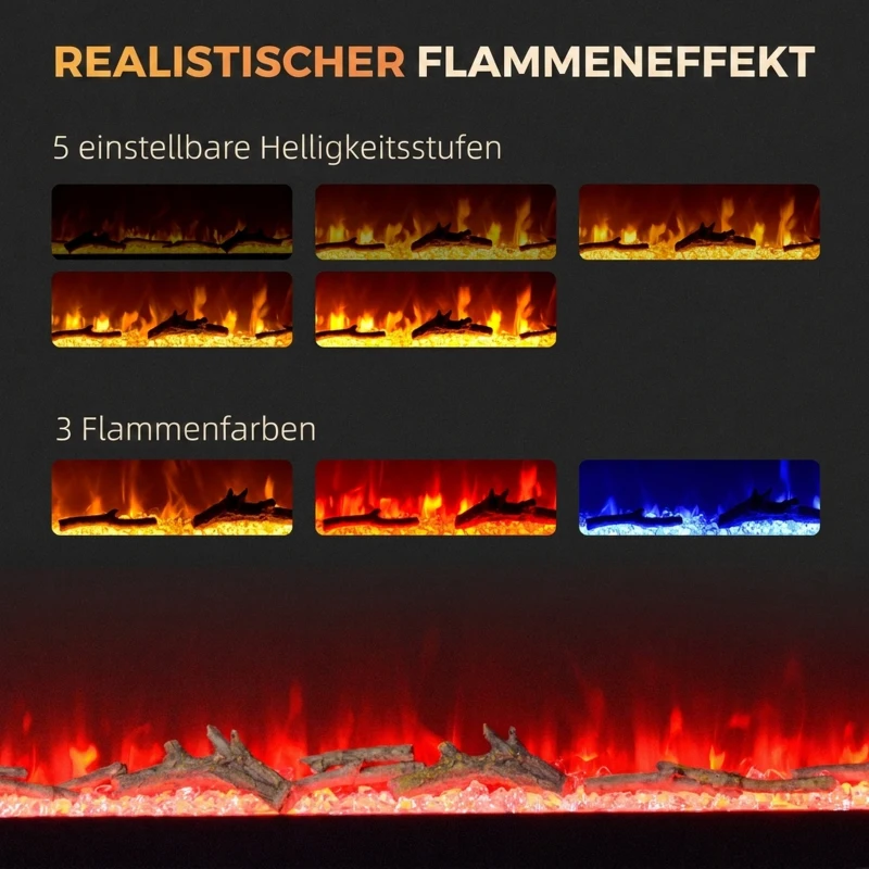 HOMCOM Elektrischer Kamin mit Wandhalterung und Fernbedienung, künstliche Holzscheite und Kristalle, 1800W Leistung, Schwarz