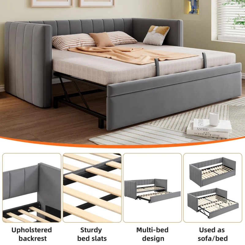 Space-Saving Daybed with Pull-Out Trundle, Ideal Bed Frame for Studios, Living Rooms, or Multi‑Purpose Guest-Spaces, 200L x 140W x 100H cm, Grey