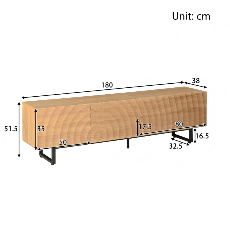 Practical TV Cabinet with 2-Door Cabinet and 2 Drawers, Solid TV Stand with Metal Legs and Particleboard Frame, 180L x 38W x 51.5H cm, Wood