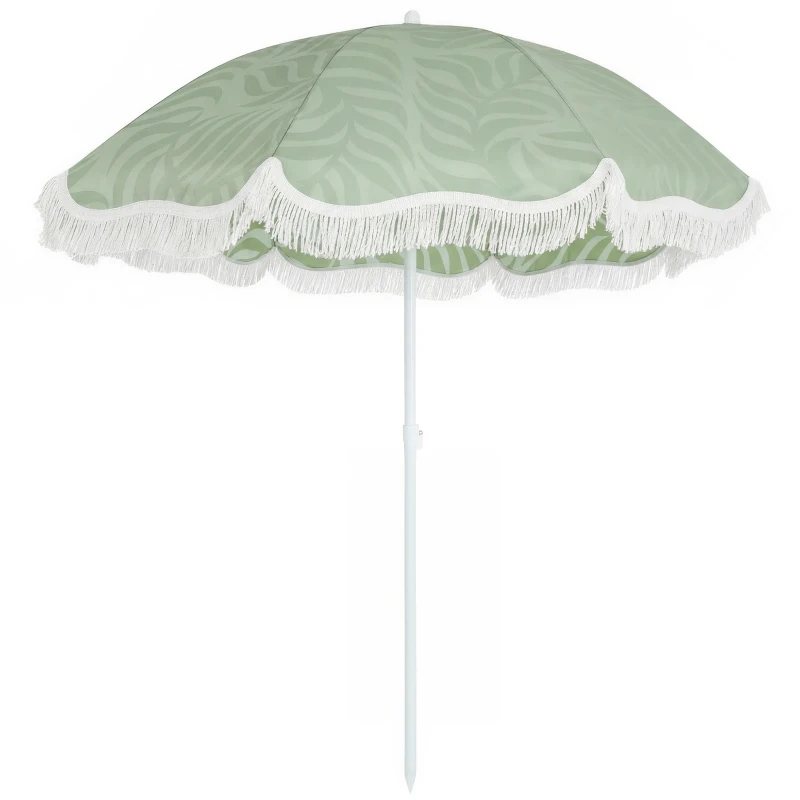 Outsunny Sombrilla de Playa con Flecos Ø180 cm Altura Ajustable Inclinación Anclaje Arena y Bolsa de Transporte UPF30+ Verde