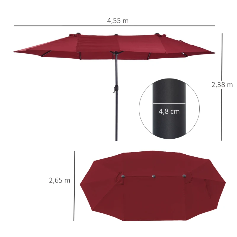 Outsunny Sombrilla Doble para Jardín 455x265x238 cm Parasol Grande con Manivela Manual Protección Solar Color Rojo Vino