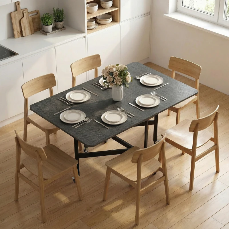 HOMCOM Table à Manger Pliante sur Roulettes pour 4-6 Personnes 120 cm, Roues avec Freins, 2 Abattants, Industriel, Noir