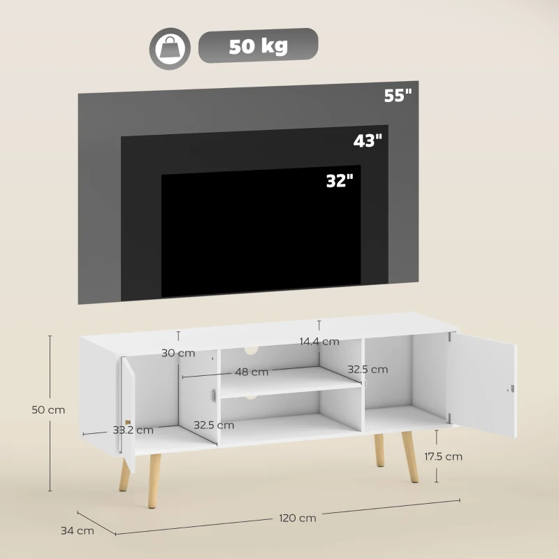 HOMCOM TV Stand Cabinet up to 55 Inches, TV Unit with Storage Shelves and Wood Legs for Living Room, Bedroom, White