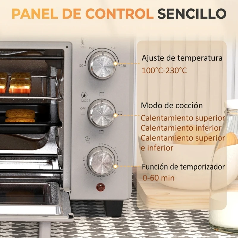HOMCOM Horno Sobremesa de 21L 1400W Mini Horno Eléctrico Temporizador hasta 60min y Temperatura Regulable hasta 230℃ Plateado