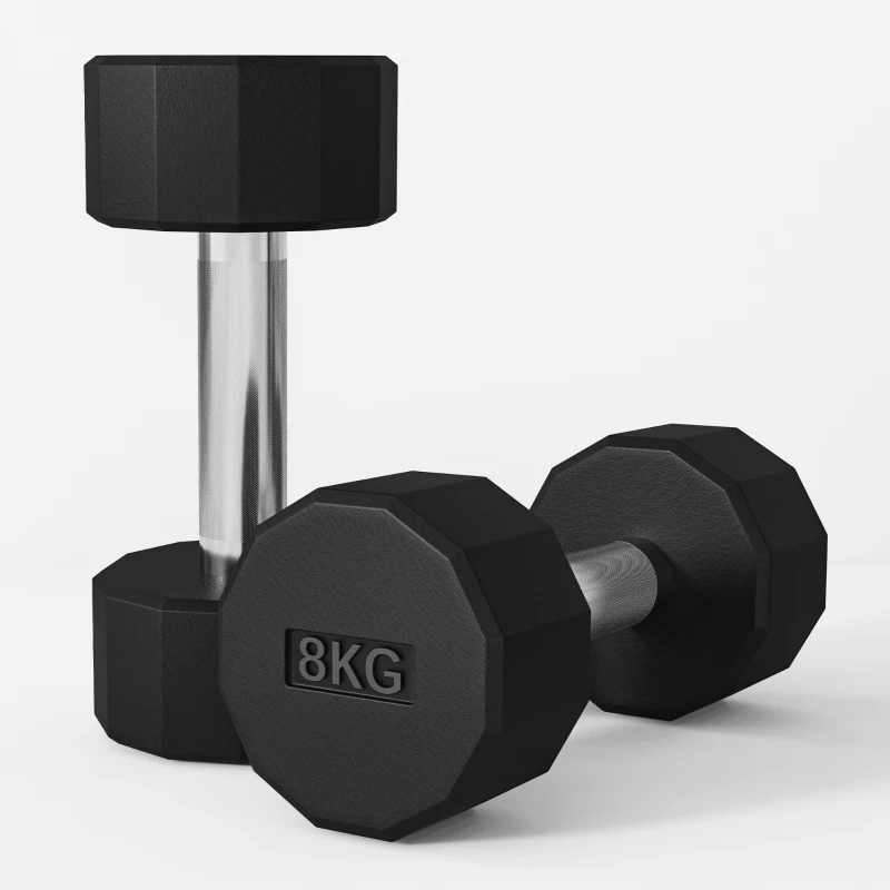 SPORTNOW Pack de 2 Mancuernas Dodecagonales de 2x8 kg de Metal Recubiertas de Goma para Entrenamiento en Casa Gimnasio Negro