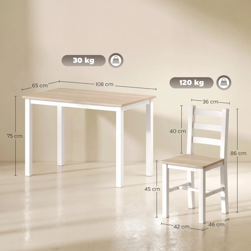 HOMCOM 5-teiliges Essgruppe für 4 Personen, Landhaus-Esstisch und Stühle aus Massivholz, Natur/Weiß