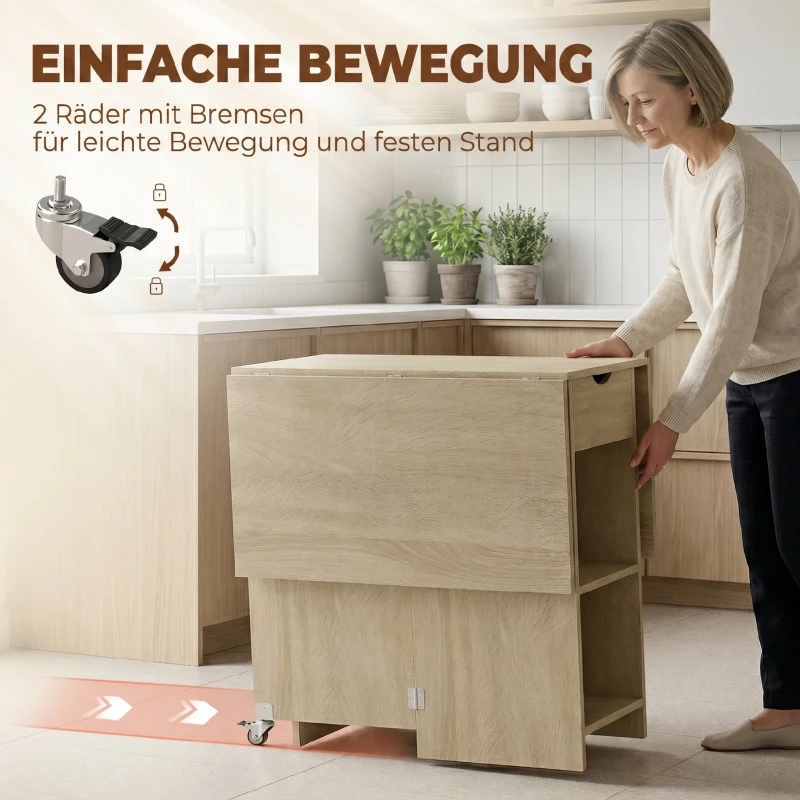 HOMCOM Klappbarer Esstisch für 2-4 Personen, Rollbarer Tisch mit offenem Fach und Schublade, ideal für kleine Räume, Natur