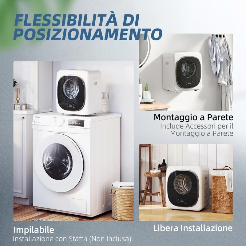 HOMCOM Mini Asciugatrice Portatile 2.5 kg, 5 Programmi, 800W, Fino 60℃, Timer, Tamburo in Acciaio Inox, per Casa, Bianco