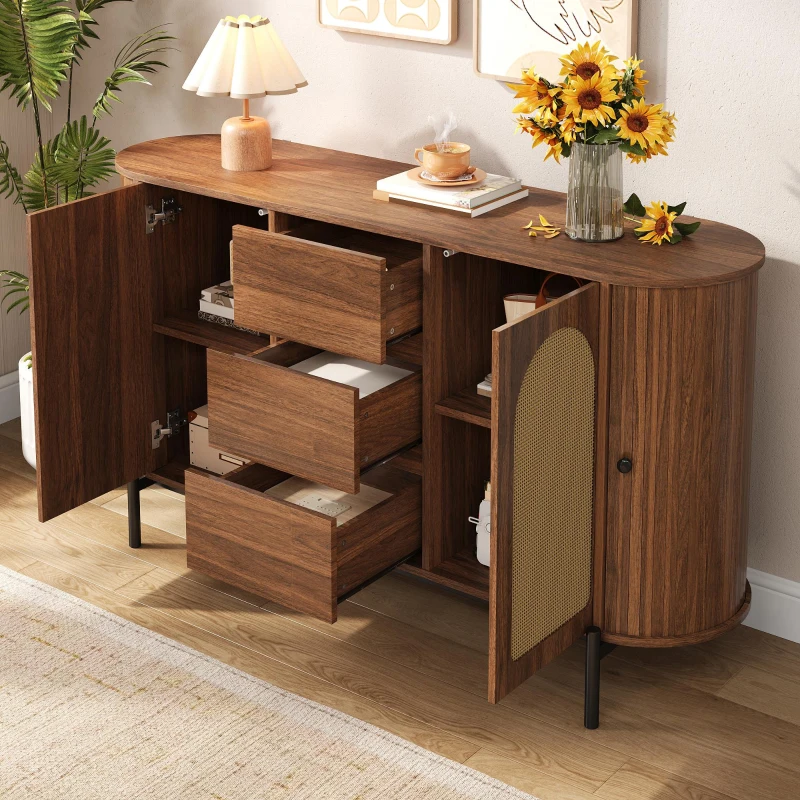 Spacious Sideboard with 3 Drawers and Adjustable Shelves, Stylish Cabinet for Living Room or Entryway, 140L x 38W x 77.5H cm, Walnut