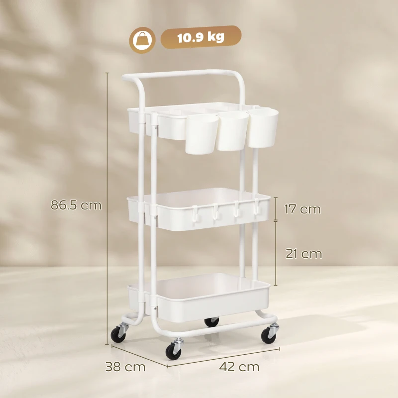HOMCOM Three-Tier Home Trolley, with Handle and Wheels - White