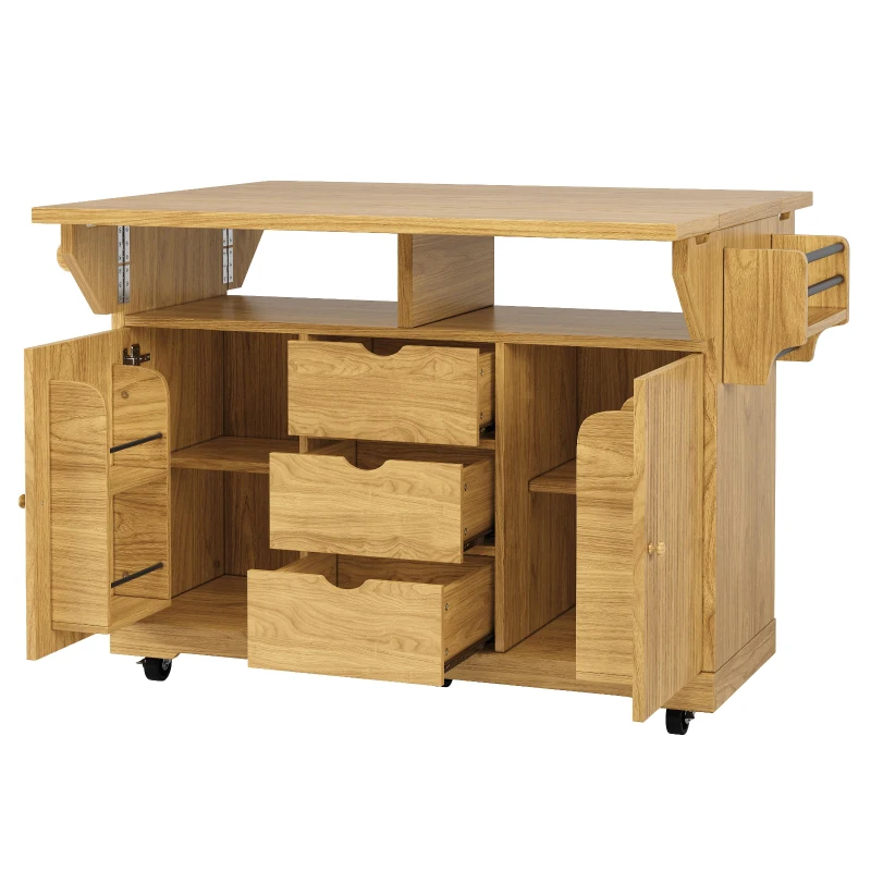 Foldable Serving Trolley with Ample Storage and Snack Racks, Mobile Kitchen Island for Balconies or Dining Room, 142.5L x 40W x 95H cm, Natural+Light Brown