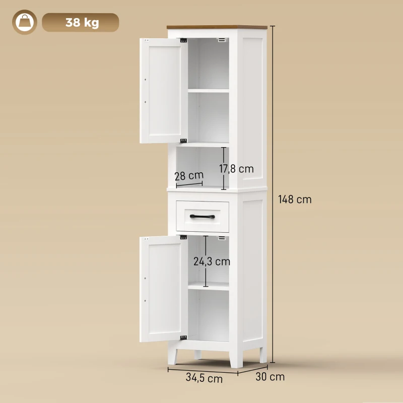 HOMCOM Armario de Baño Alto y Estrecho Rústico con Cajón Estante Abierto Puertas y Estantes Ajustables 34,5x30x148 cm Blanco