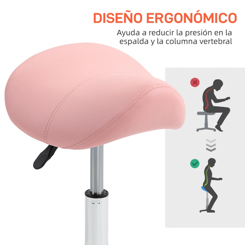 HOMCOM Taburete con Ruedas Taburete Giratoria con Altura Ajustable Taburete Cosmética Dentista Peluqueria 52x53x49-61 cm Rosa