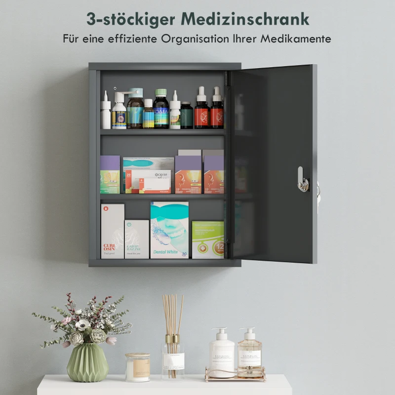 kleankin Medizinschrank zur Wandmontage mit Schloss, 3-stufiger Stahl-Wandschrank, 40 x 15 x 53,5 cm, Kohlegrau