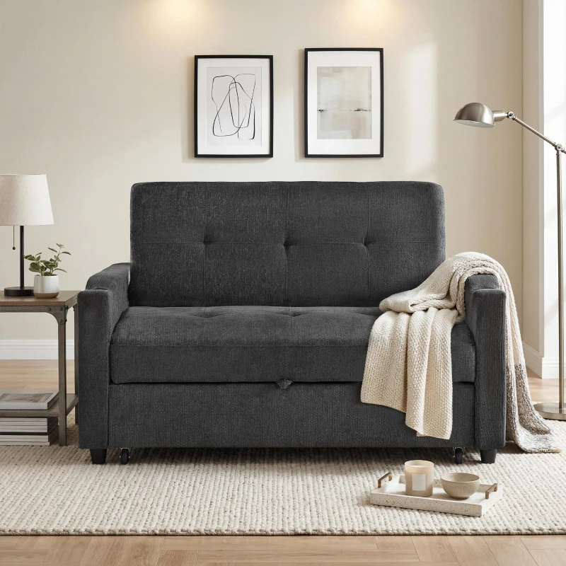 Convertible Sofa Bed with Adjustable Backrest, Functional Sleeper with USB & Type-C Charging and Cup Holders, 135L x173W x 58H cm, Dark Grey
