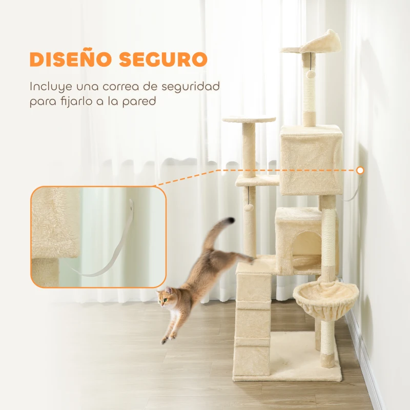 PawHut Árbol Rascador para Gatos 180 cm con Plataformas Cama 2 Cuevas Hamaca Escalera Postes de Sisal Beige