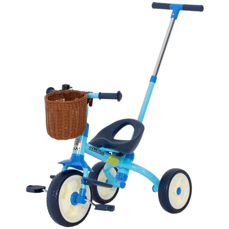 AIYAPLAY Triciclo para Bebés 2 en 1 para 2-5 Años con Barra Parental Pedales Antideslizantes, Reposapiés Plegables y Cesta Azul