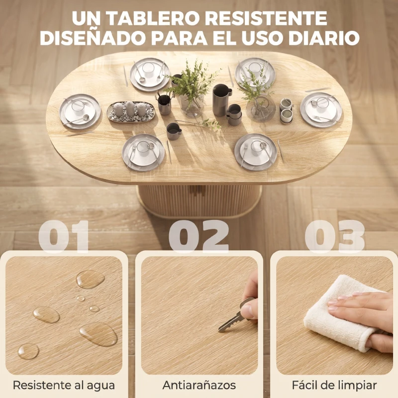 HOMCOM Mesa de Comedor Ovalada para 6 Personas con Tablero Grueso Puertas Correderas Tipo Persiana 6 Compartimentos Roble