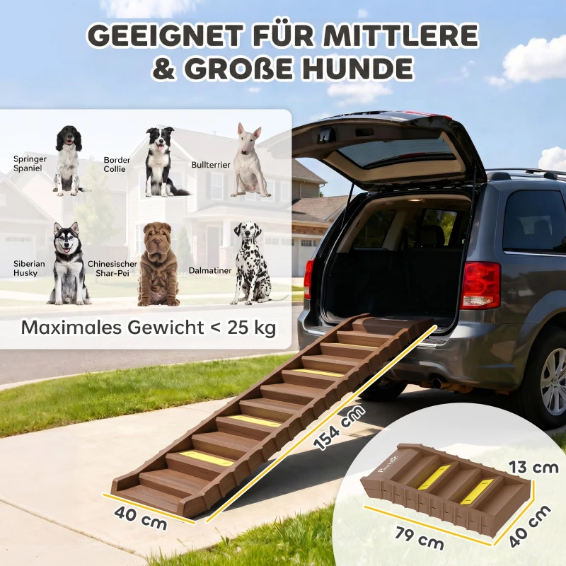 PawHut Hunderampe Auto klappbar Hundetreppe mit 10 Stufen Rutschfester Oberfläche, 154x40cm ür mittelgröße Hunde bis 25kg
