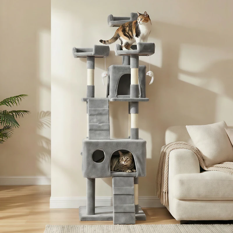 PawHut Árbol Rascador para Gatos Árbol para Gatos 153 cm con 2 Cuevas 3 Camas 2 Rampas Postes de Sisal Ratones Colgantes Gris