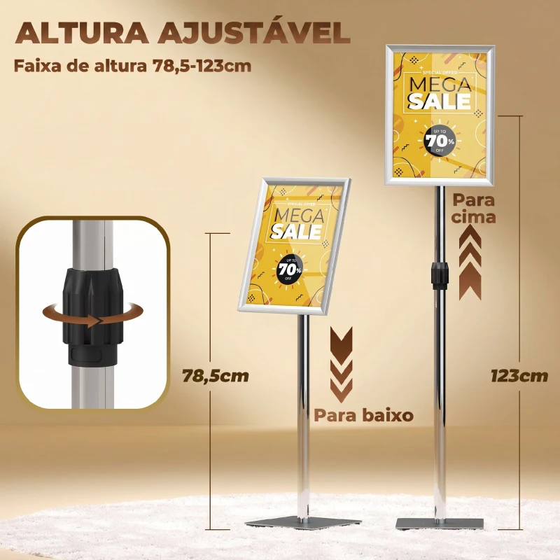 HOMCOM Suporte para Cartazes A3 Altura Ajustável, Giratório 360° Moldura de Alumínio e Aço Inoxidável Prata