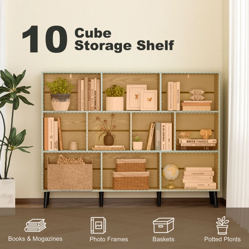 HOMCOM 10-Cube Bookcase, 3-Tier Book Shelf with Solid Wood Legs, 140 cm Modern Bookshelf with Anti-Tip Kit, Light Green