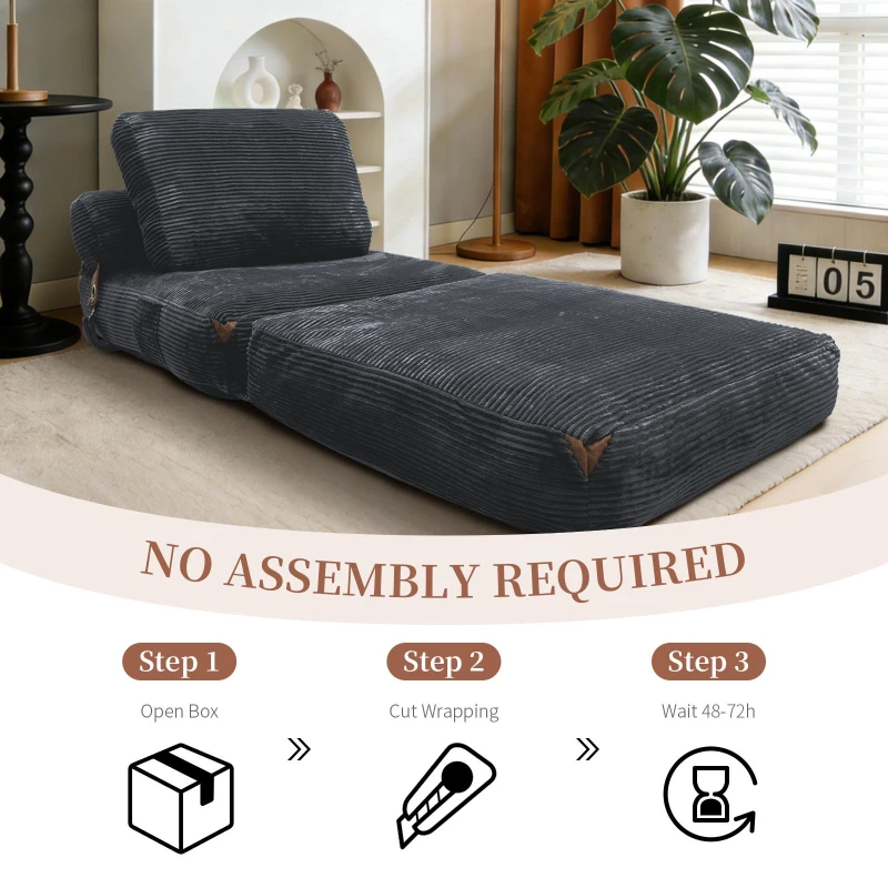 3-in-1 Convertible Corduroy Floor Sofa Bed with Side Pockets, Oversized Chaise Lounge for Bedrooms or Student Dorms, 87L x 86W x 40H cm, Gray